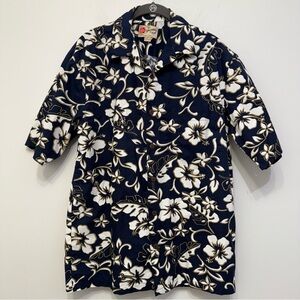 Hilo Hattie Made in Hawaii Blue Hibiscus Floral Hawaiian Button Up Shirt Men’s M